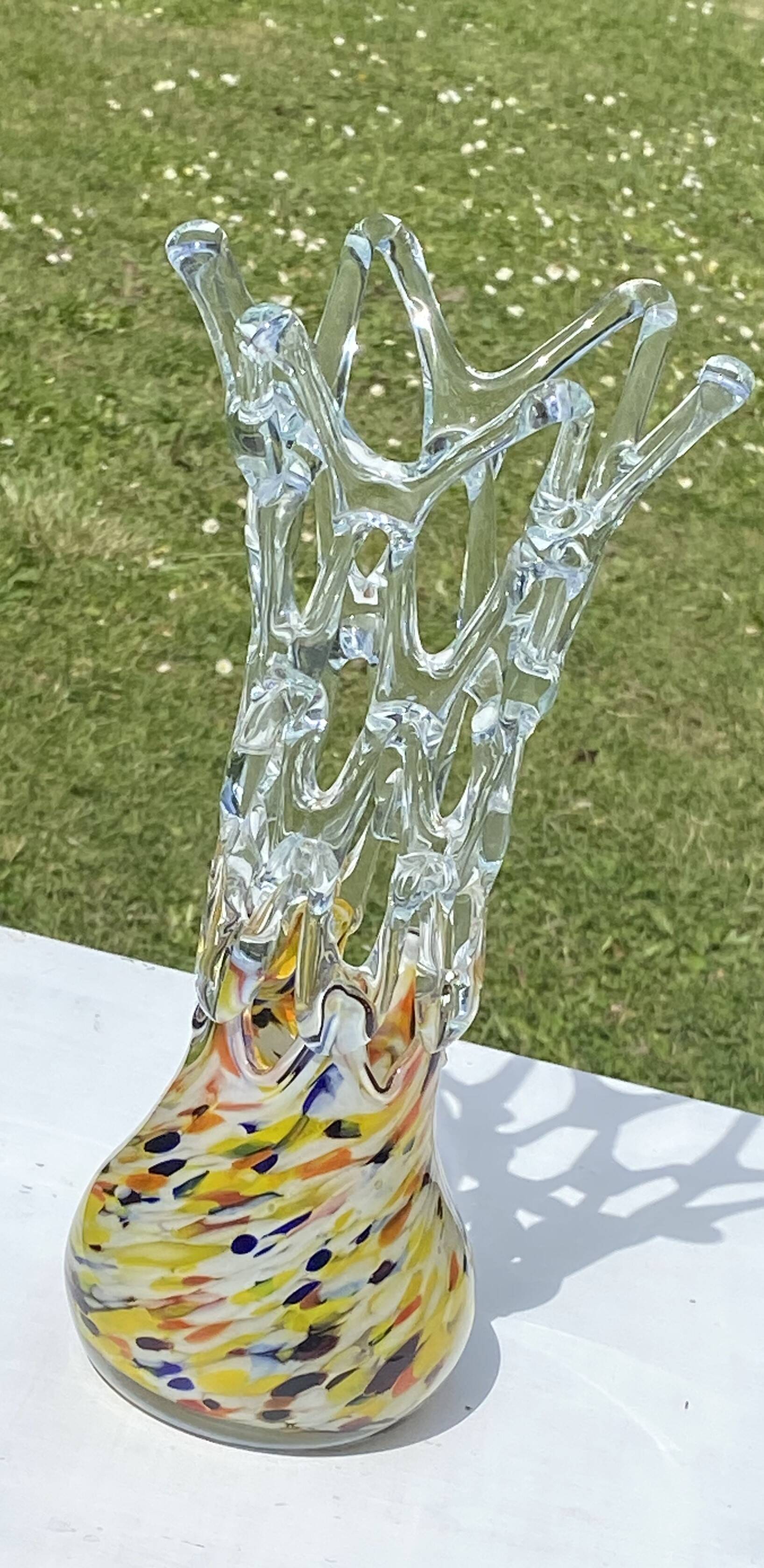 Plychrome openwork spun blown glass vase