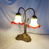 Brass water lily lamp and glass paste tulip, double, art nouveau style.