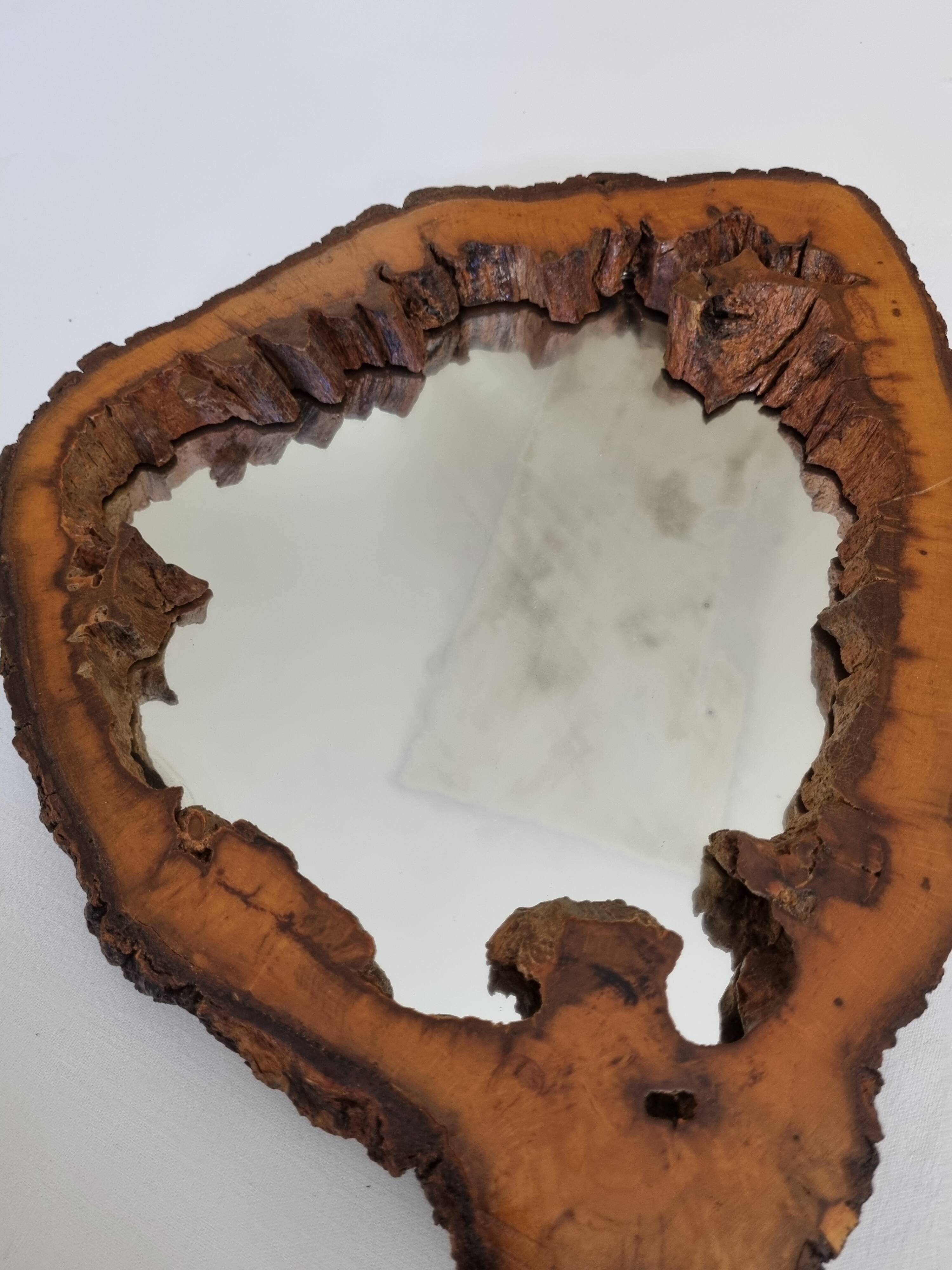 Vintage mirror with live edges in burl wood, signed, 1970s, 36 cm