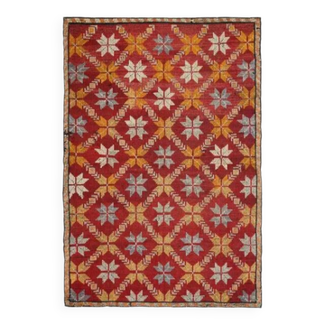 Tapis d'aire rouge en laine et coton turc vintage des années 1970, fait à la main, 188x277.