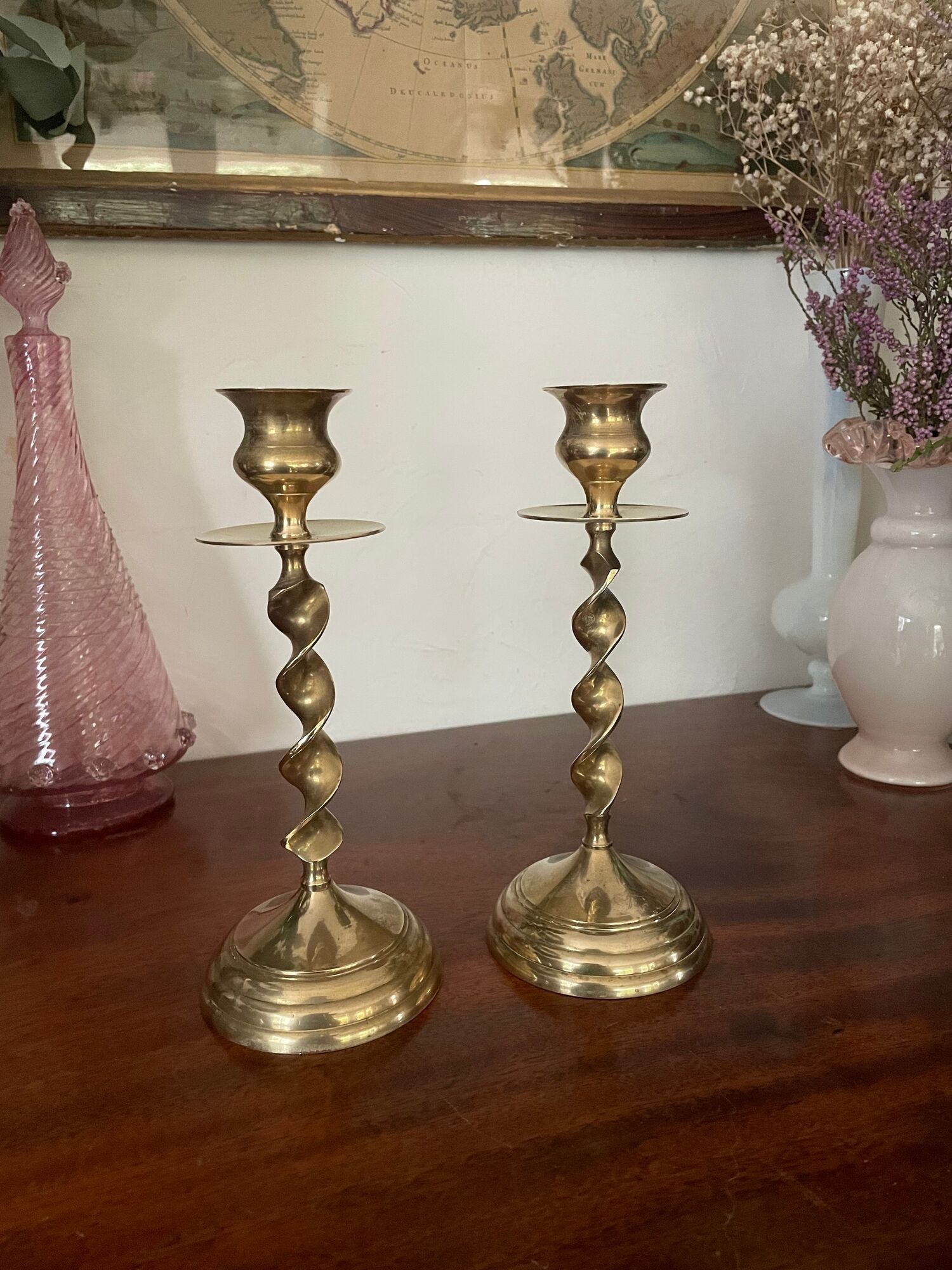 Pair of twisted brass candle holders