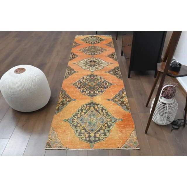 1970s Vintage Turkish Hand-Knotted Wool Cotton Orange Runner Rug 88x337