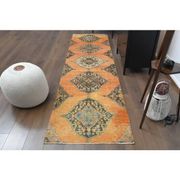 1970s Vintage Turkish Hand-Knotted Wool Cotton Orange Runner Rug 88x337