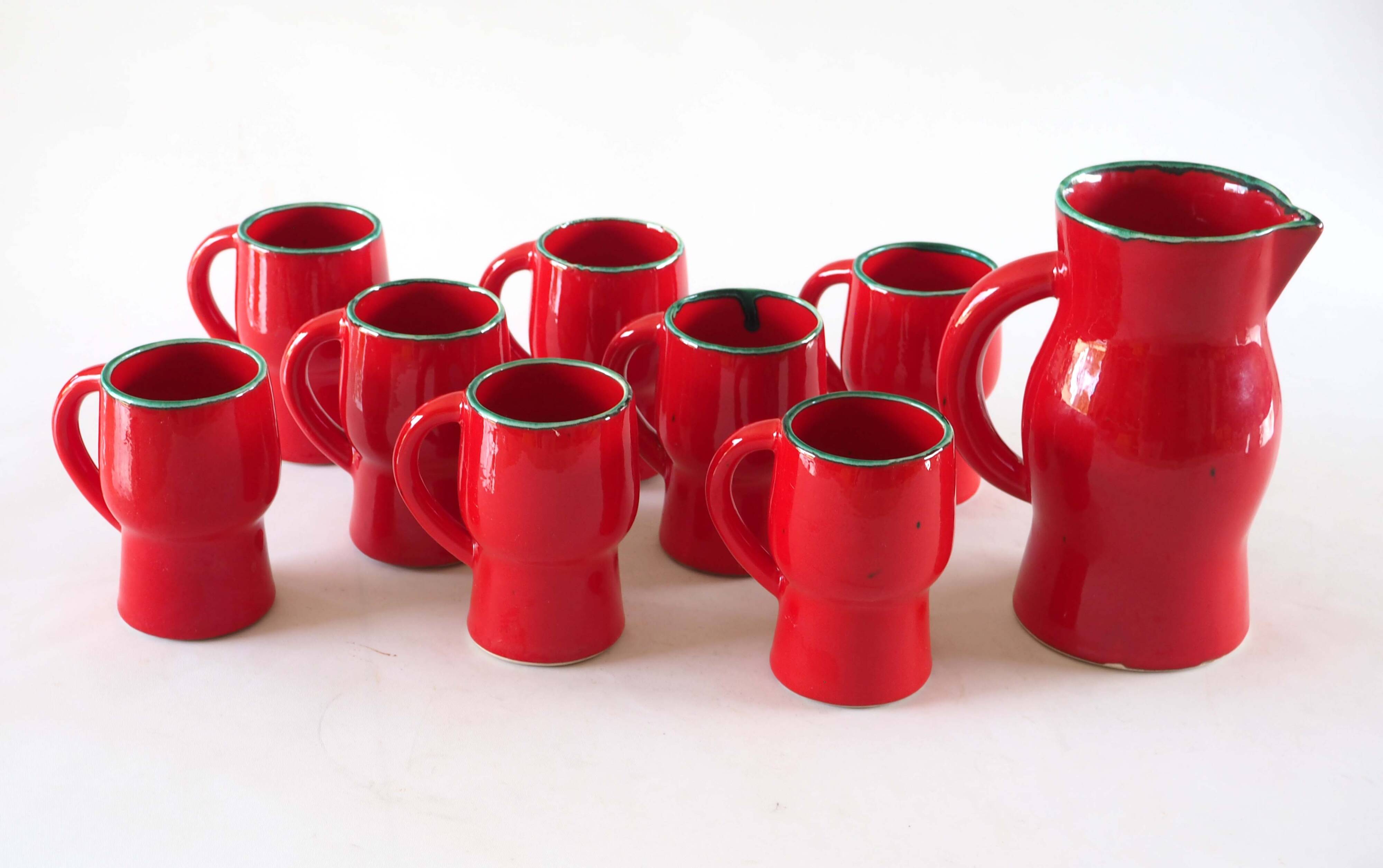 Orangeade or coffee service, pitcher and mugs Poët Laval