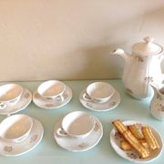 White porcelain coffee service with golden flowers / vintage 50s-60s