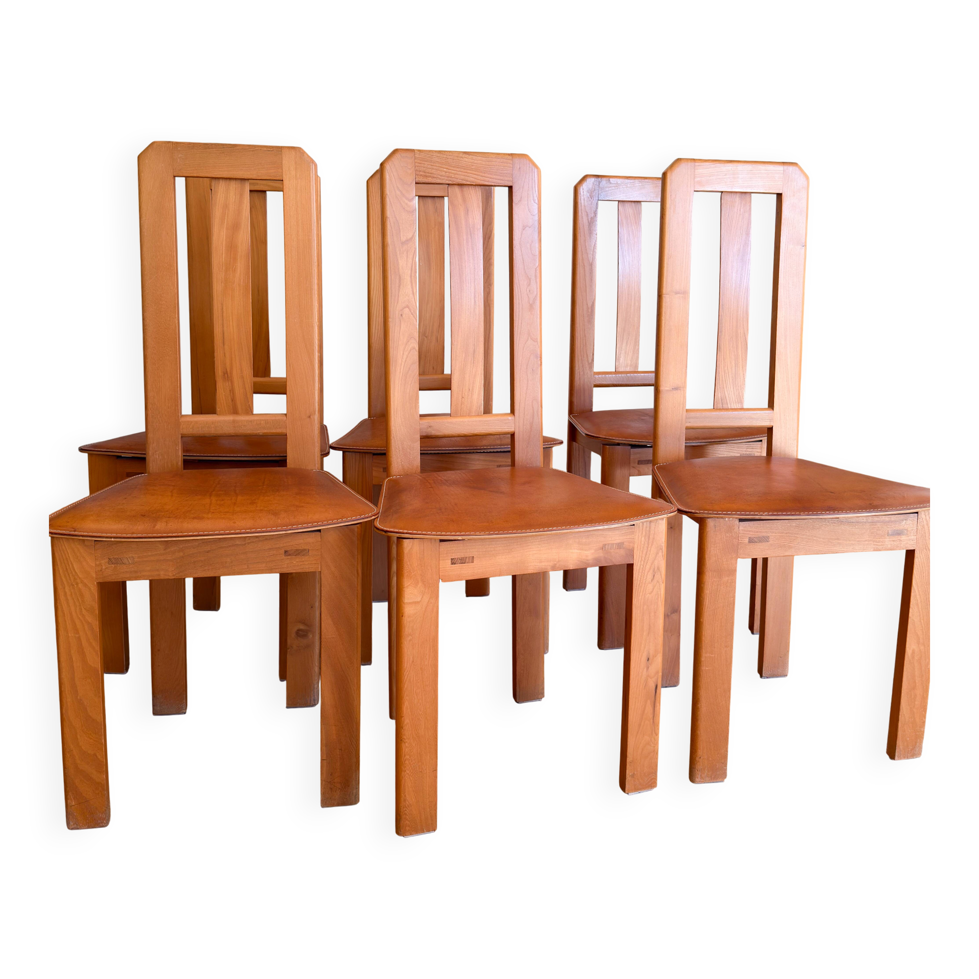 Set of 6 SENAC chairs in solid French elm + Leather