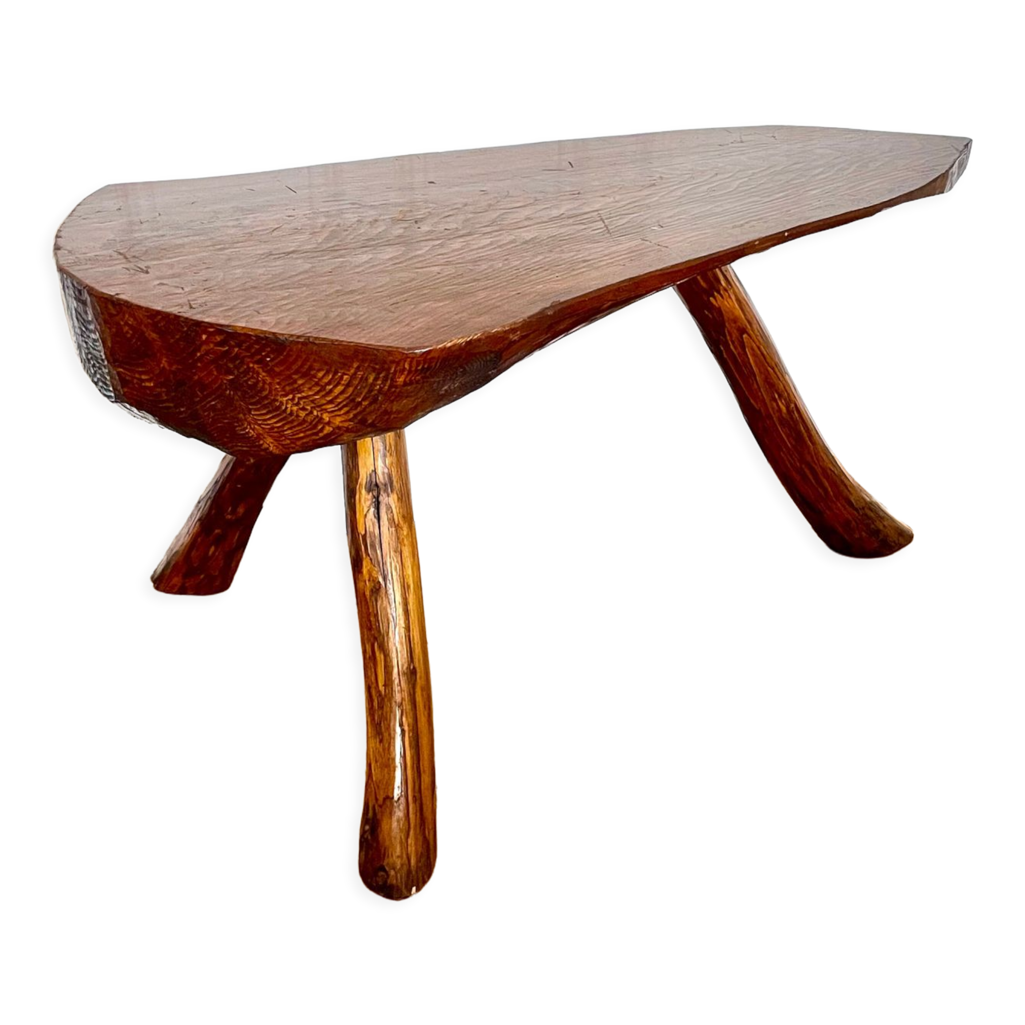 Brutalist tripod coffee table in solid wood, vintage 1960