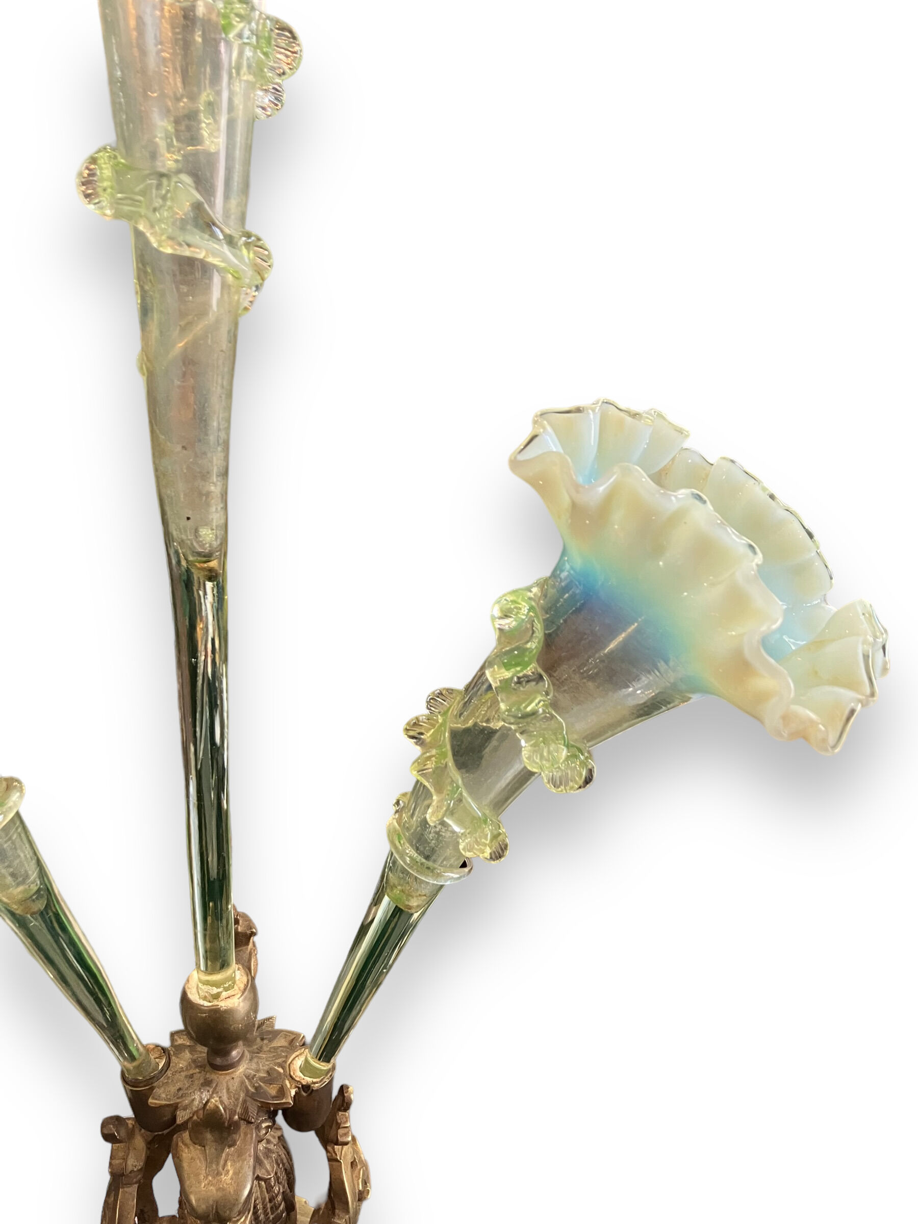 Tulip tree centerpiece in opalescent glass and bronze nineteenth