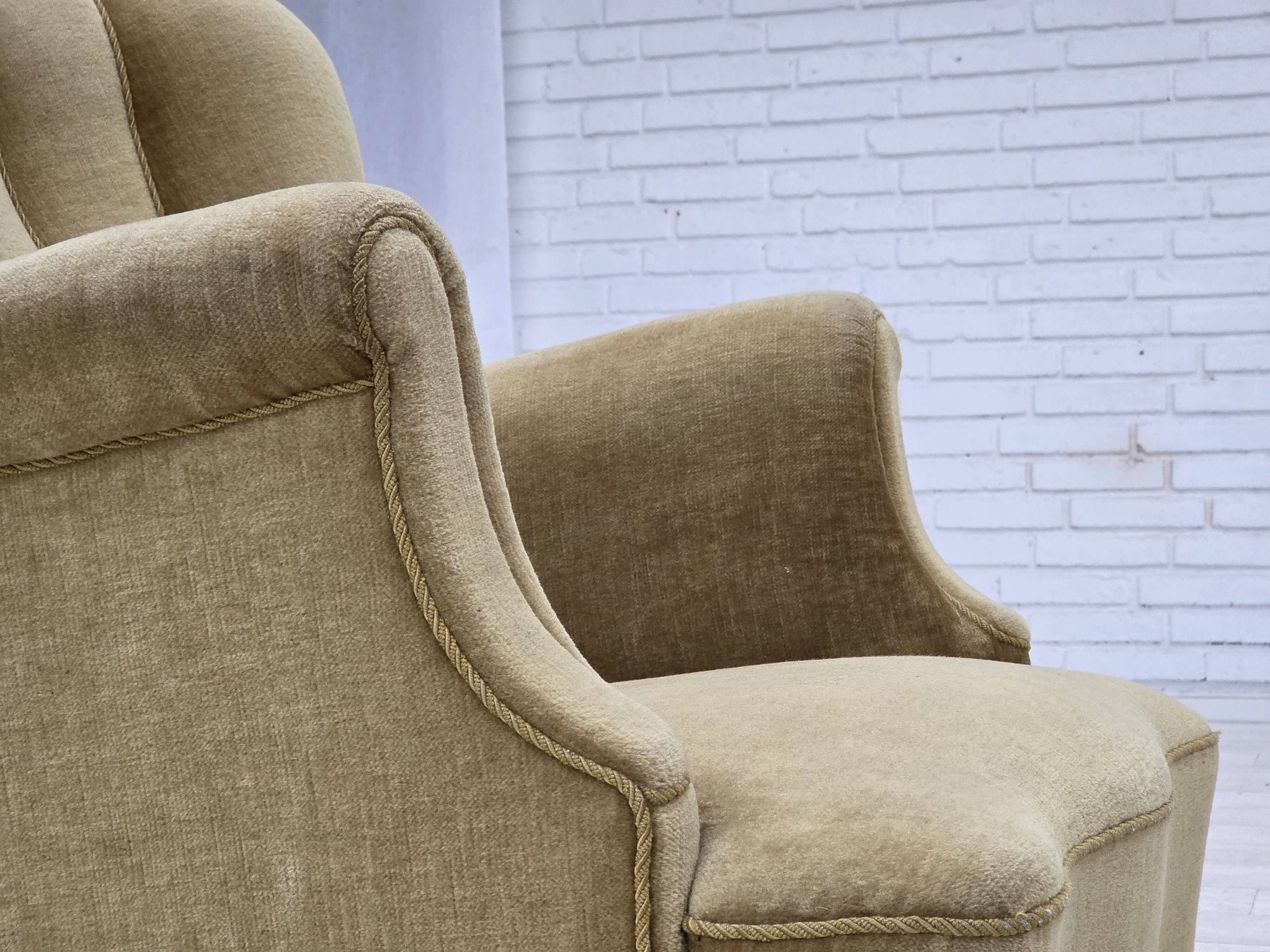 1960s, Danish armchair, green furniture velour, oak wood.