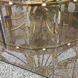 70s designer chandelier with smoked glass plates and gold metal frame