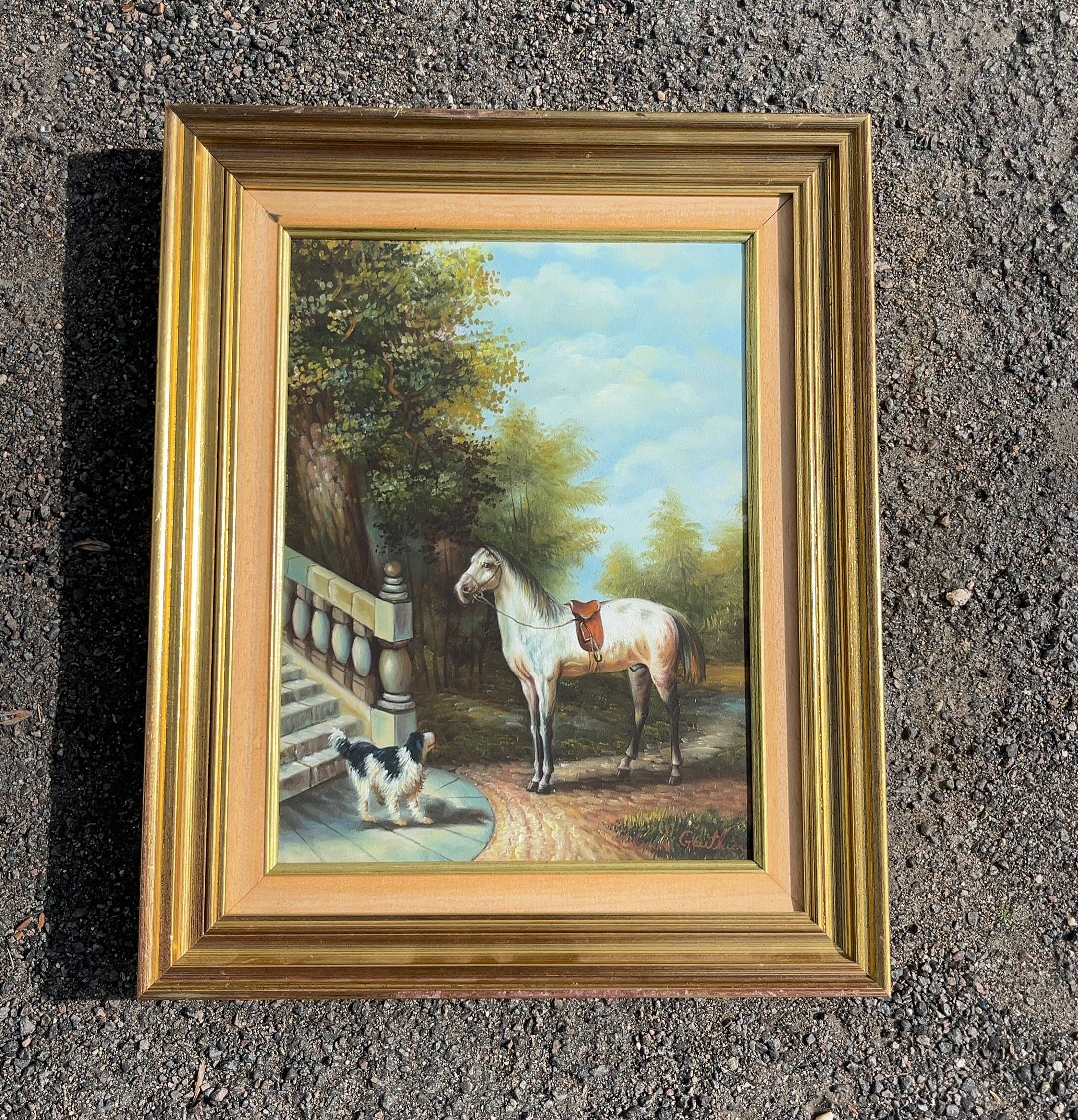 Tableau by Claude Gauthier: Equestrian portrait with a dog in a park.