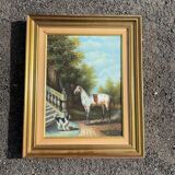 Tableau by Claude Gauthier: Equestrian portrait with a dog in a park.