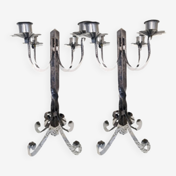 Pair of old 4-branched wrought iron candlesticks