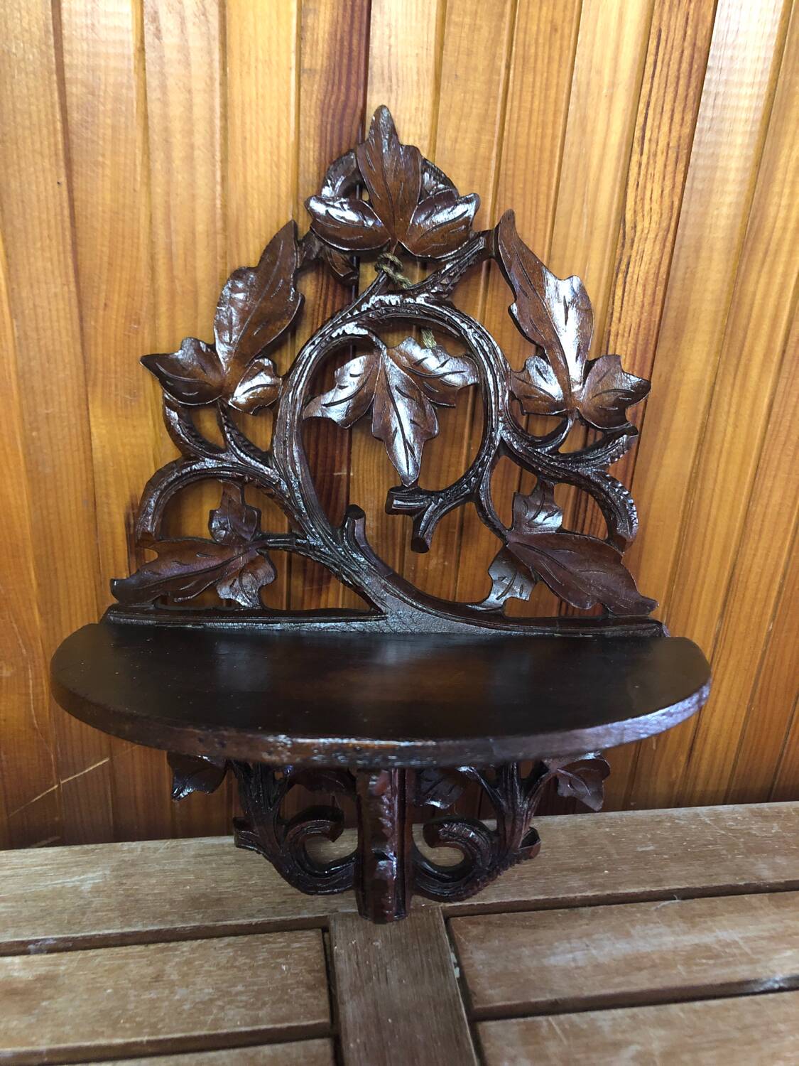 Carved wood wall shelf vintage vine leaves decor #a465