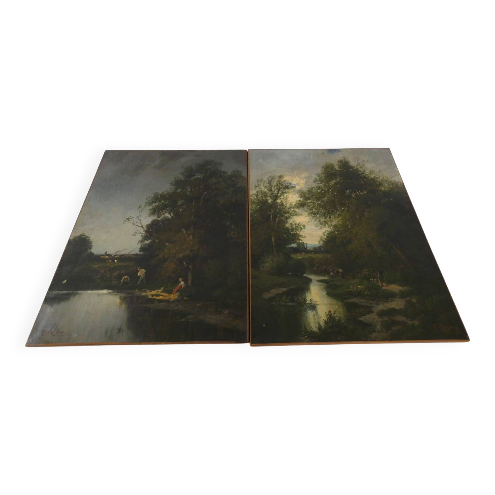 Two oil paintings on canvas signed N. Rousseau – fishing scenes from the 19th century.