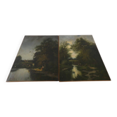 Deux huiles sur toile signées N. Rousseau – scènes de pêche XIXe siècle