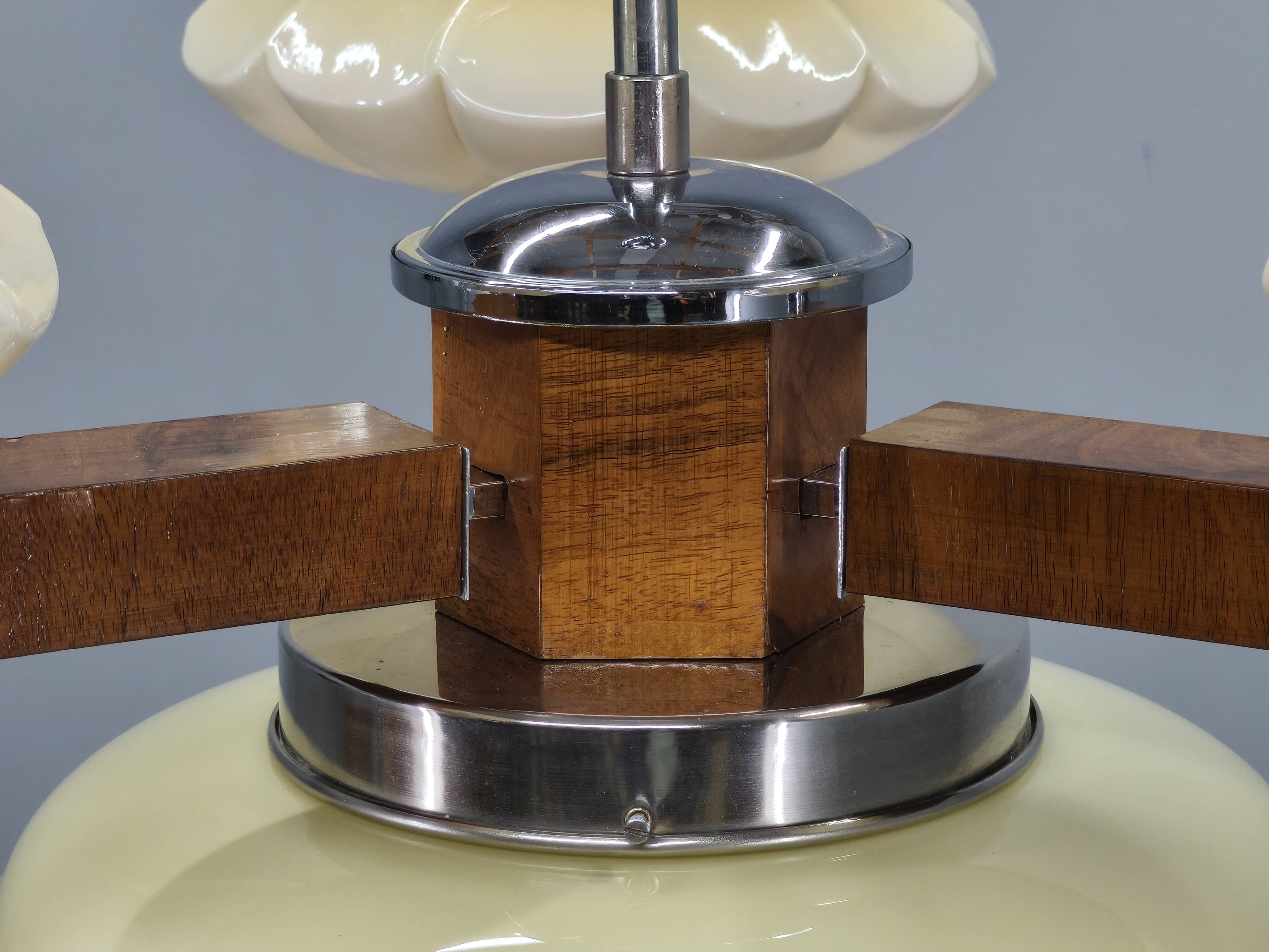 1940s Czechoslovak Art Deco Chandelier in Walnut Chrome and Glass