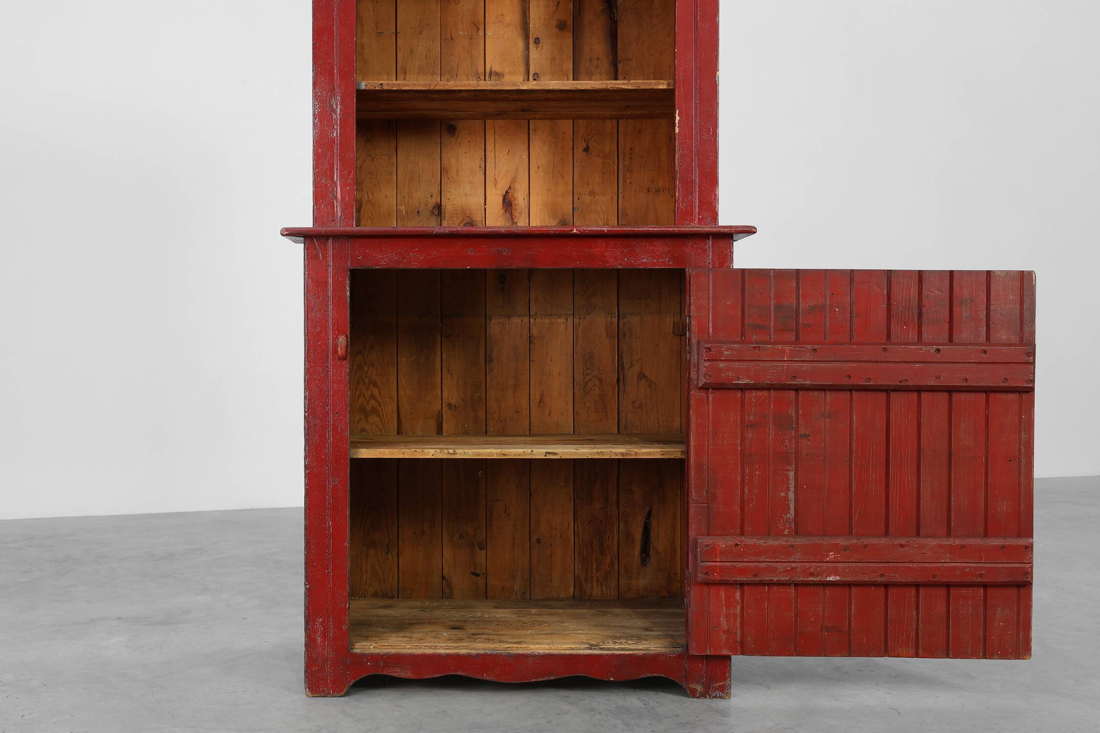 French 19th Century Red‑Painted Stepback Cupboard in Pine