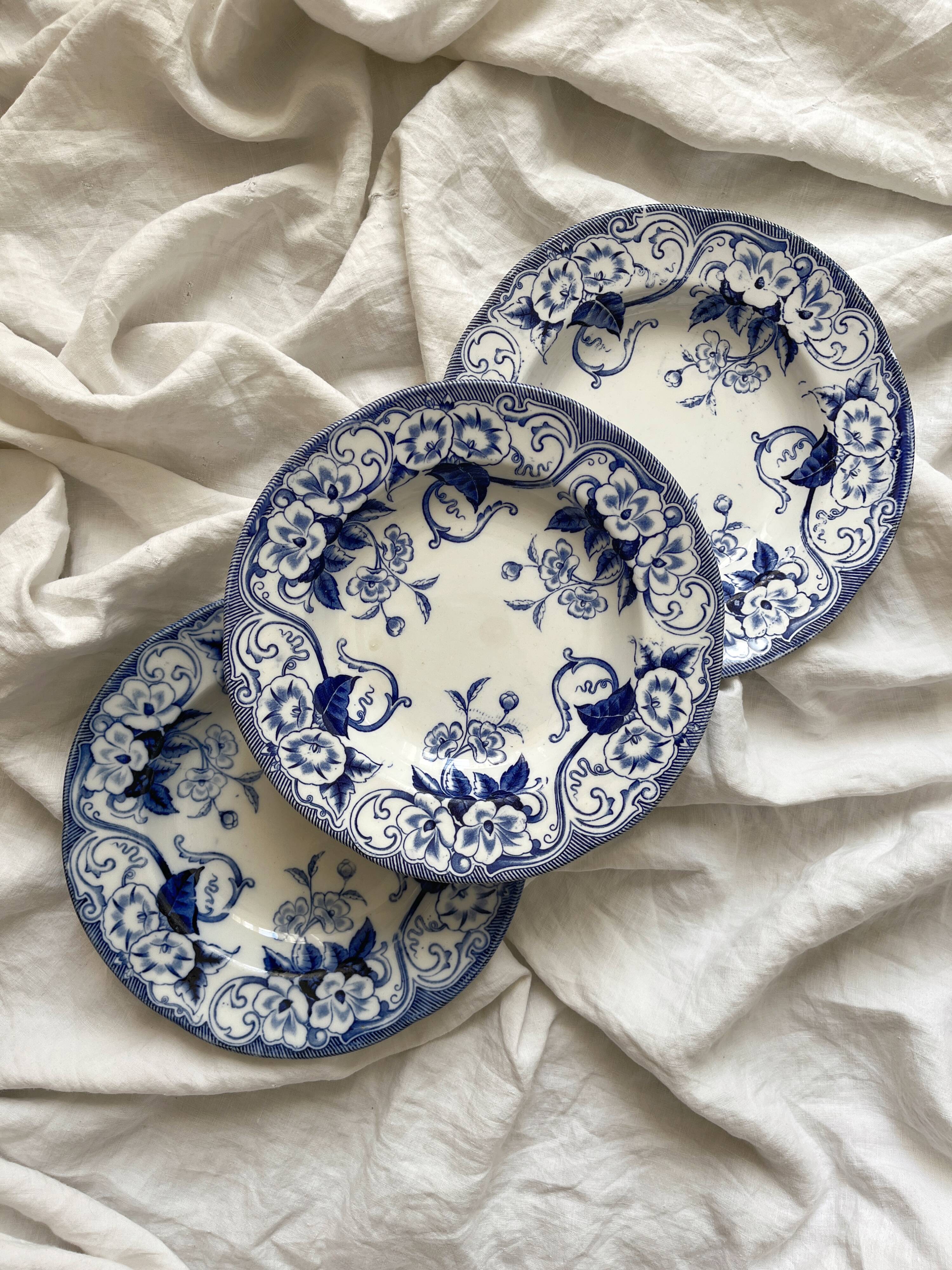 Three Flora ironstone soup plates, Creil and Montereau, late 19th century