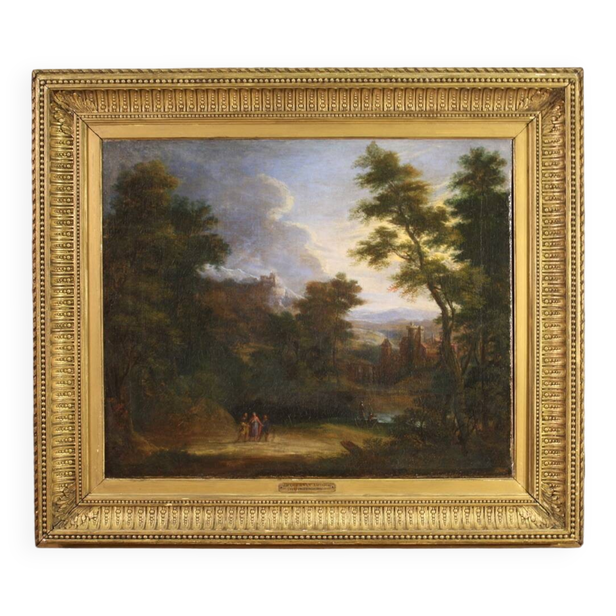 Flemish painting landscape with figures from the 17th century, the apparition of Jesus