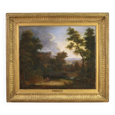 Paysage peint flamand avec des personnages du XVIIe siècle, l'apparition de Jésus