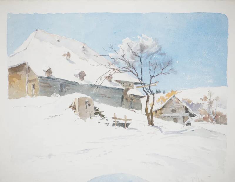 René leverd: switzerland, the sheepfold of lagnau, original signed watercolor