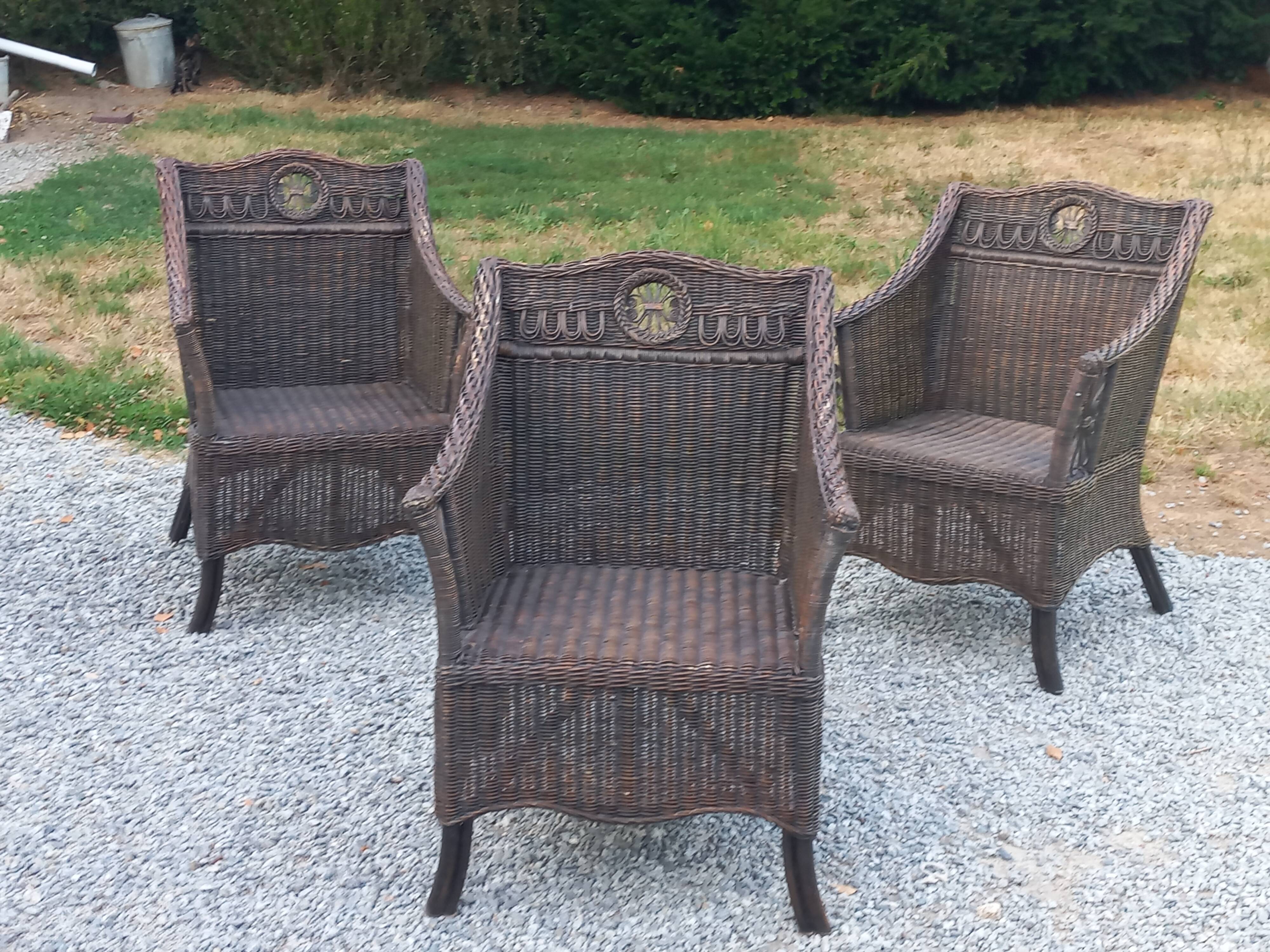 Set de 3 fauteuils en rotin des années 70