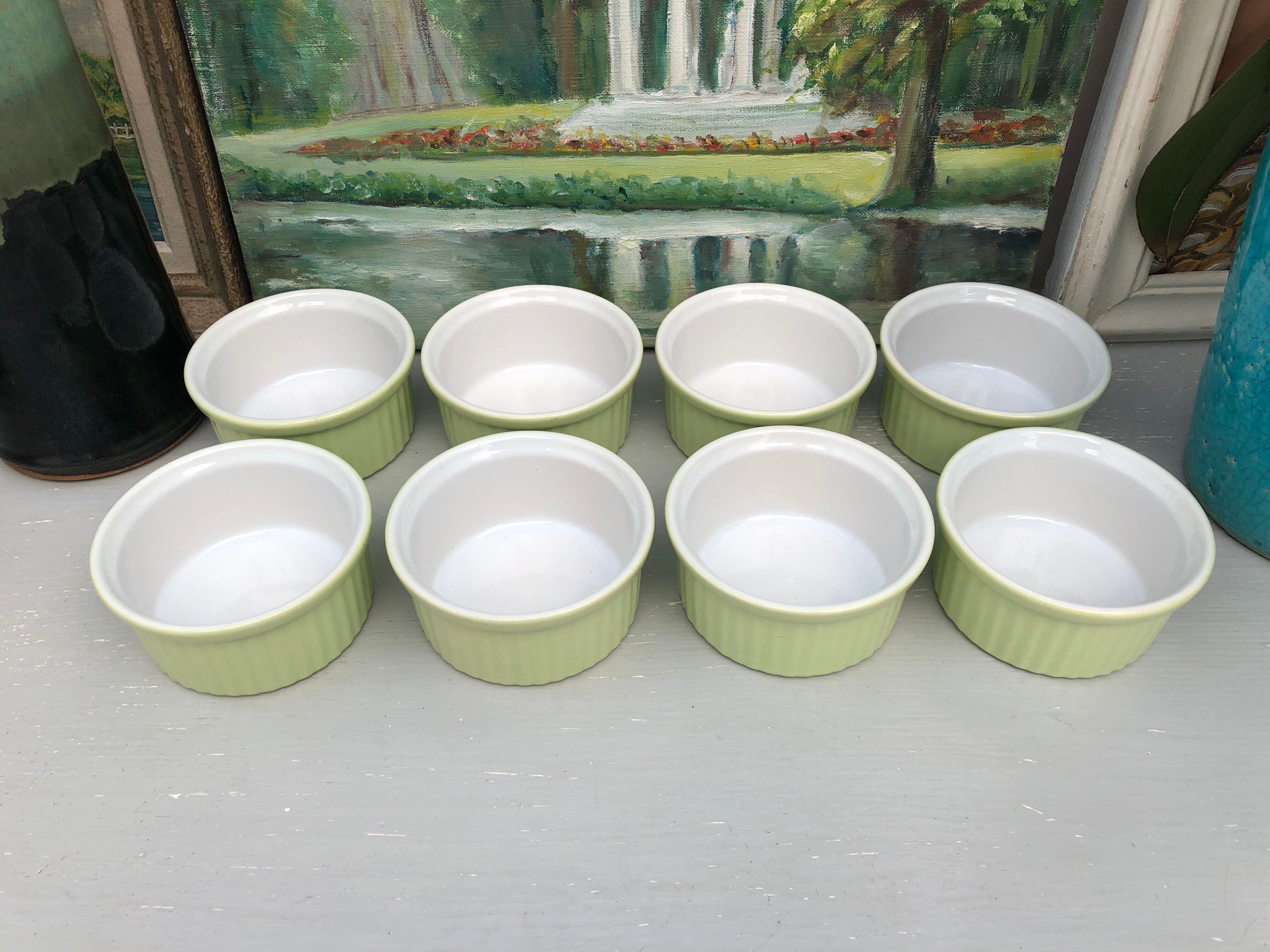 Set of 8 pastel green ramekins (anise) signed France