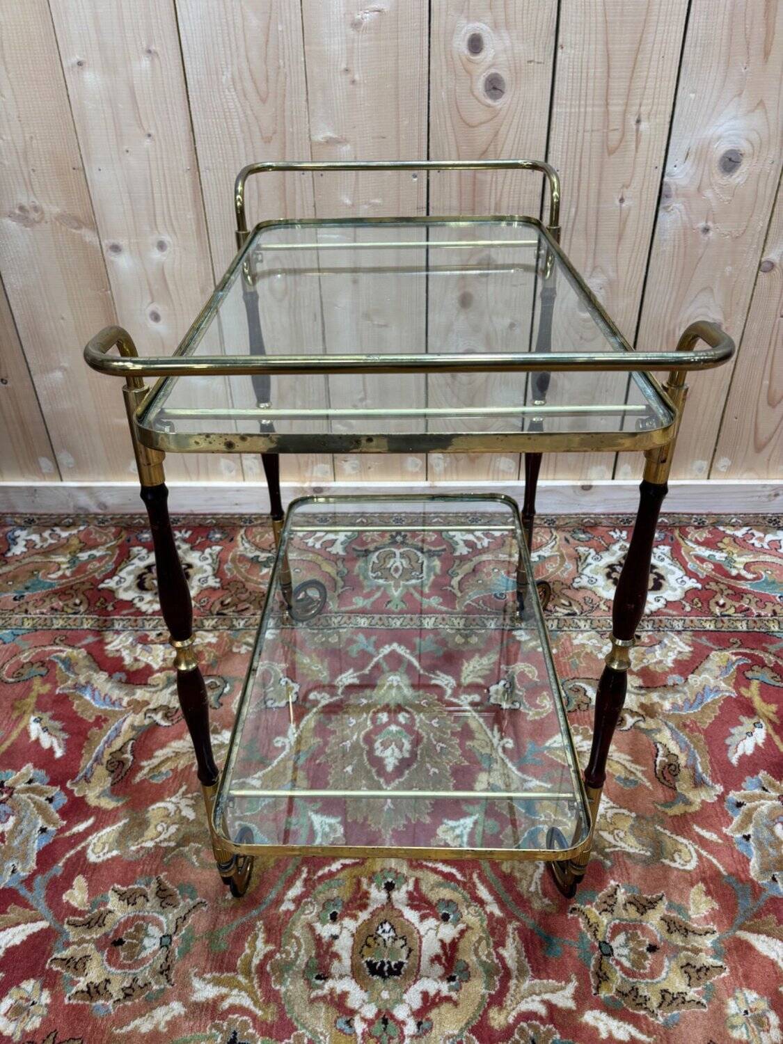 Glass, brass, and wood side table from the 1950s/60s.