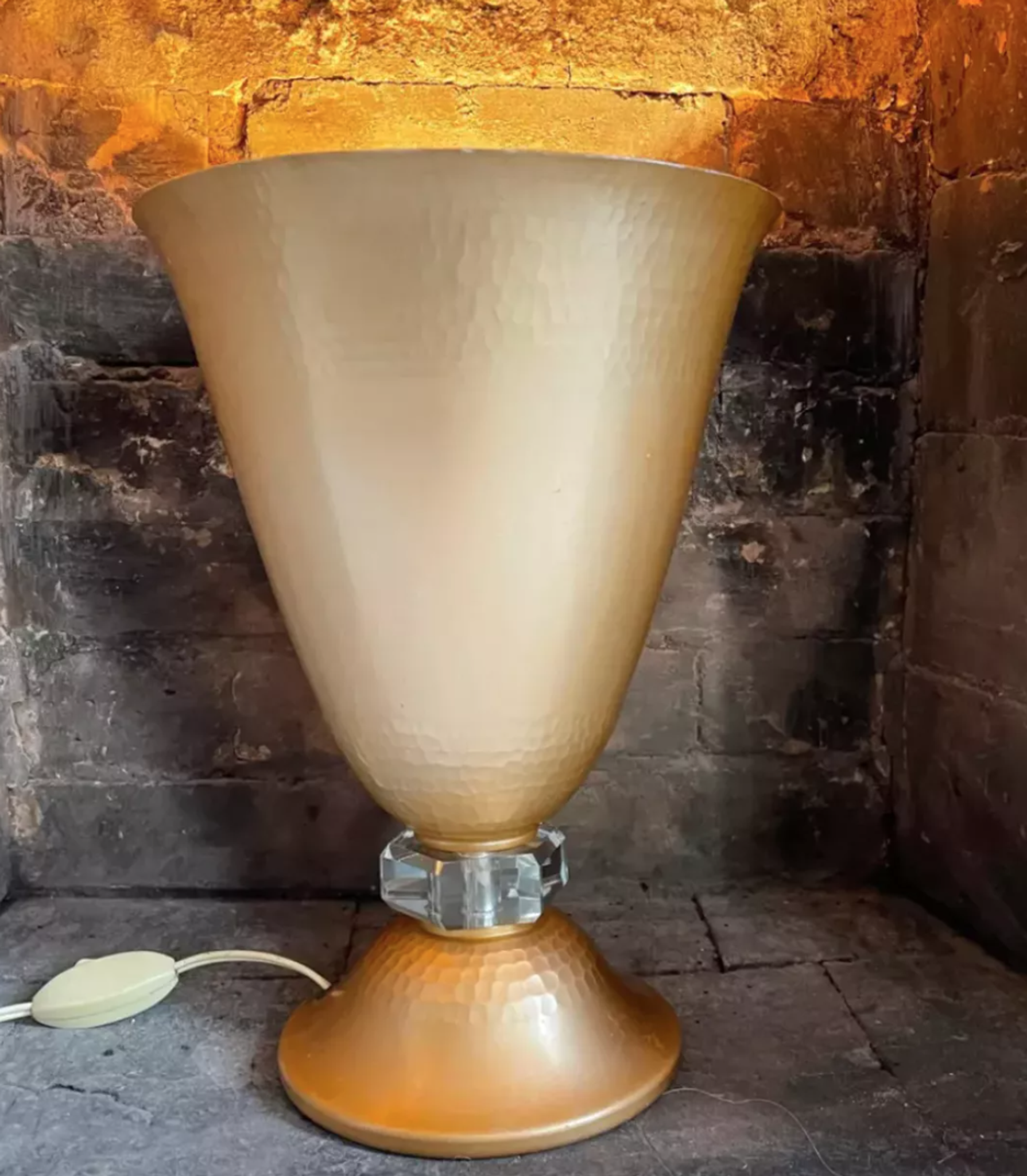 Art Deco table lamp hammered copper basin and crystal, france 1930 vintage