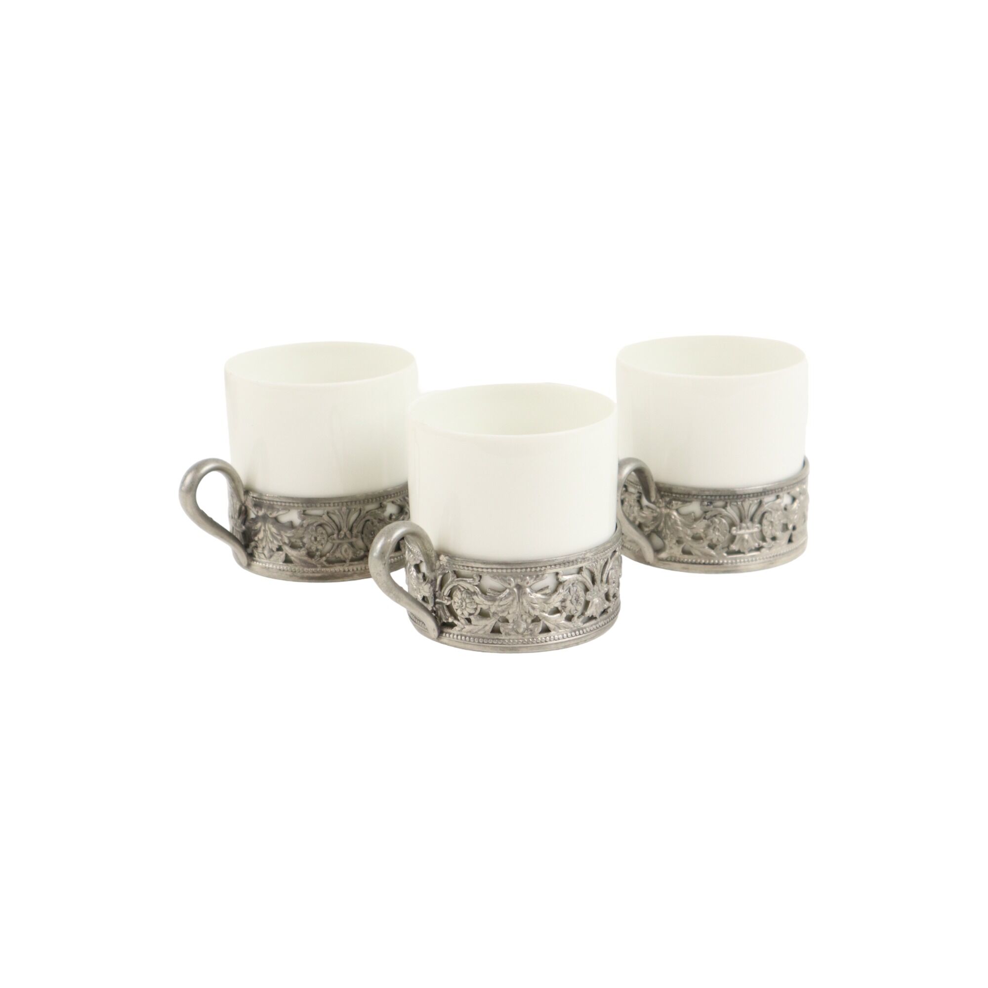 Vintage Set of 6 Pewter Cup Holders with Limoges Porcelain Cups