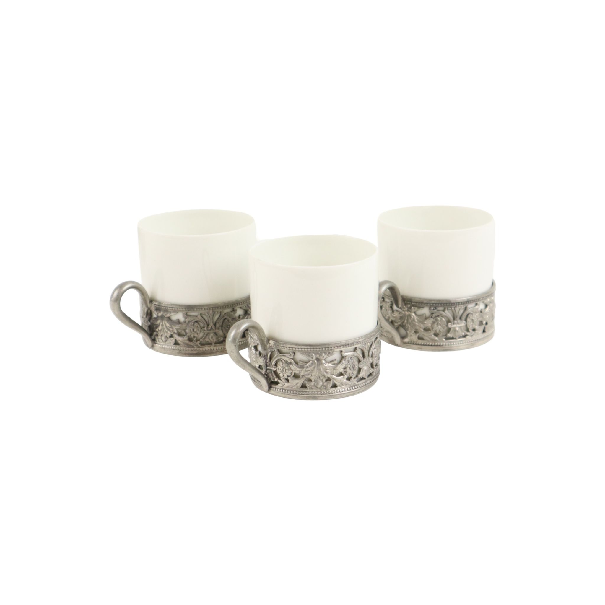 Vintage Set of 6 Pewter Cup Holders with Limoges Porcelain Cups