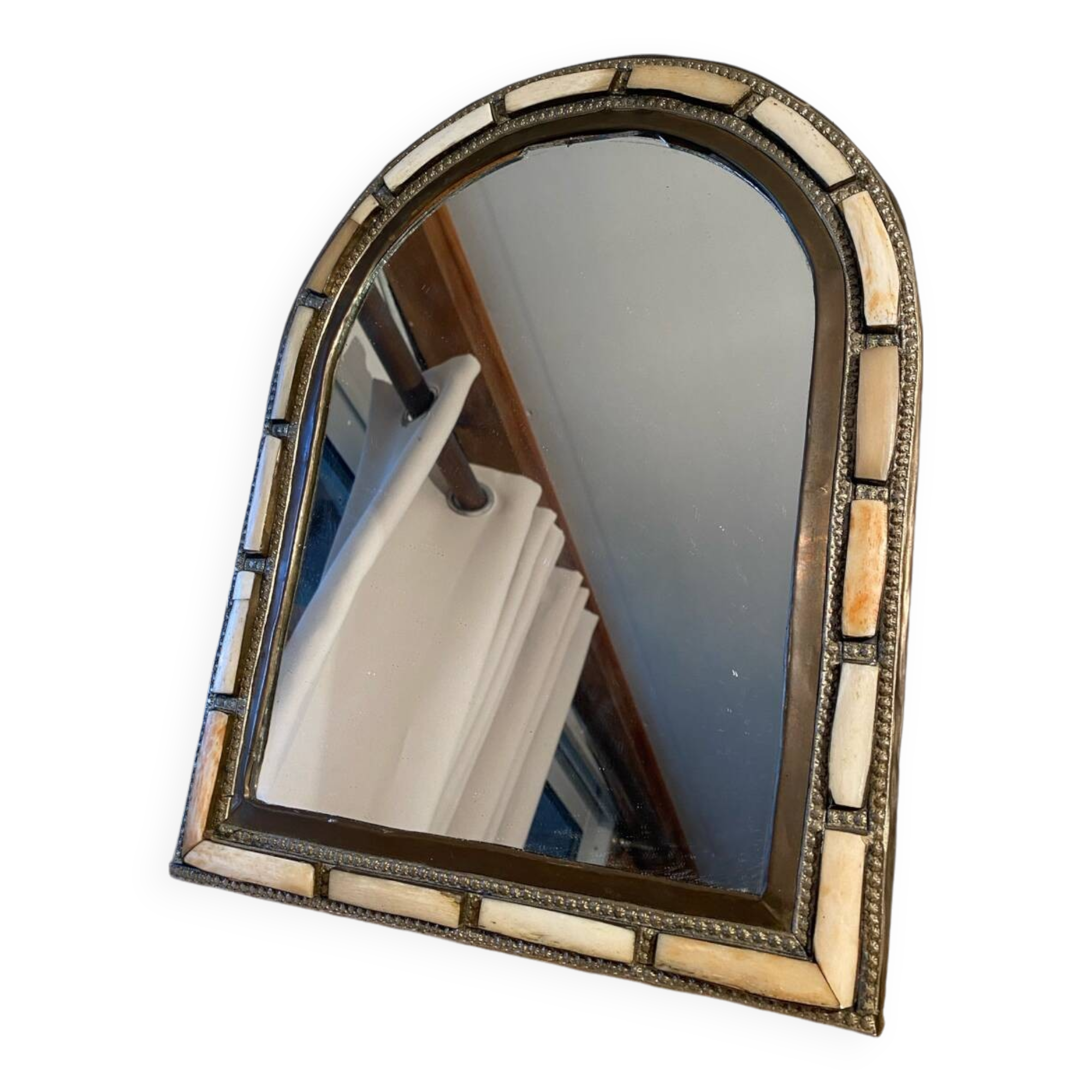 Oriental brass and bone mirror
