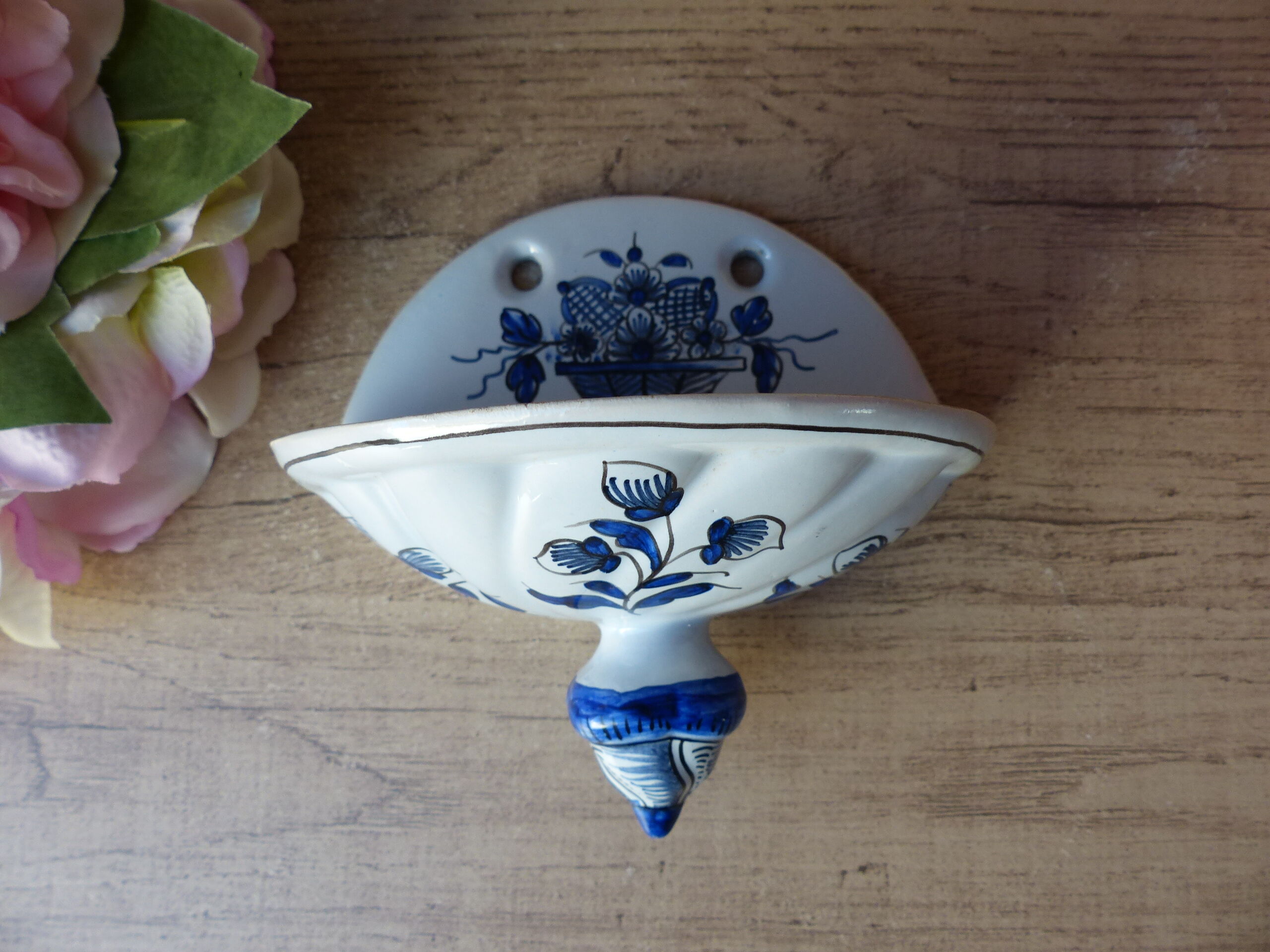 Old earthenware soap holder old Rouen hand-painted décor