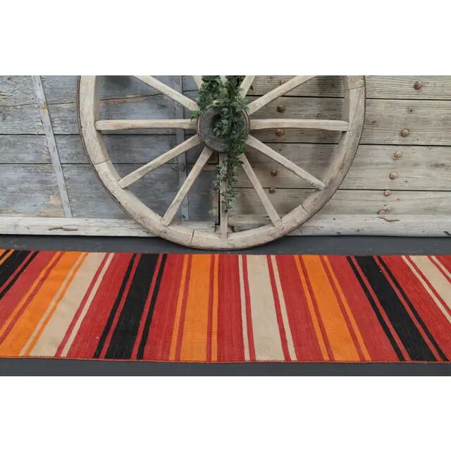 1970s Vintage Turkish Oushak Handmade Wool Cotton Orange Runner Rug 57x445
