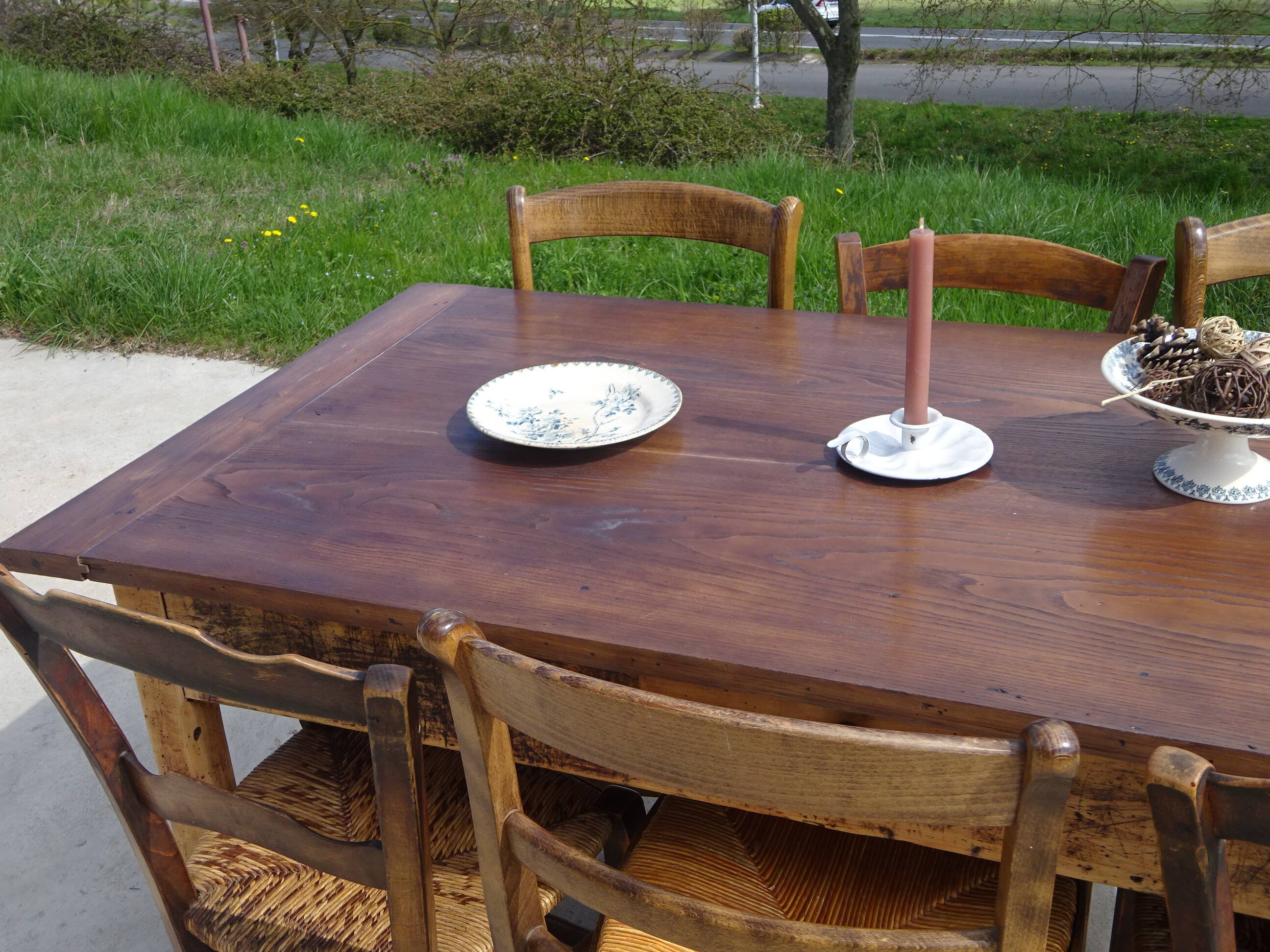 Old farmhouse table made entirely of restored solid oak.