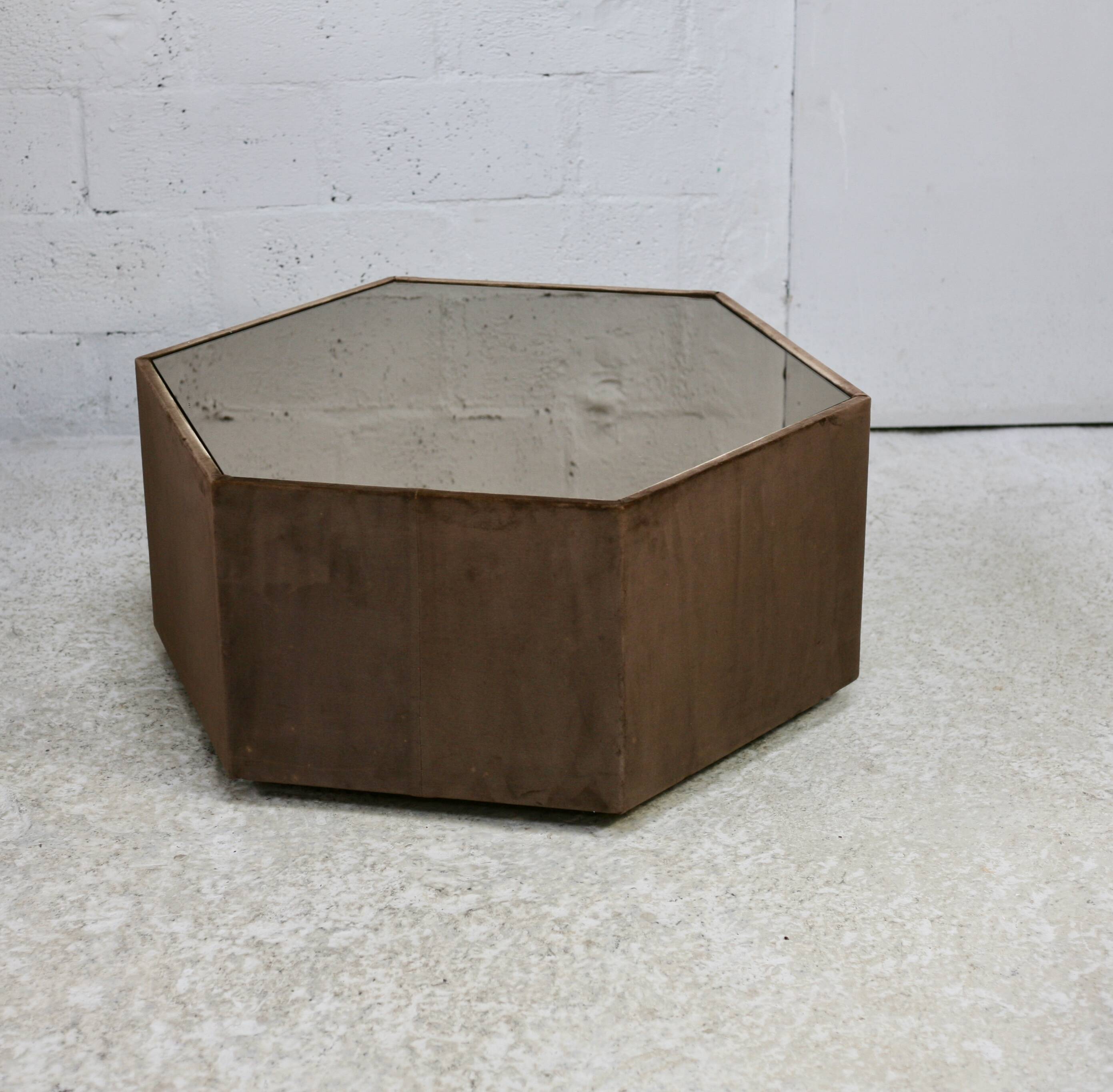 Space age table, hexagonal. Wood, velvet and smoked mirror. Circa 1970