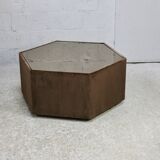 Space age table, hexagonal. Wood, velvet and smoked mirror. Circa 1970