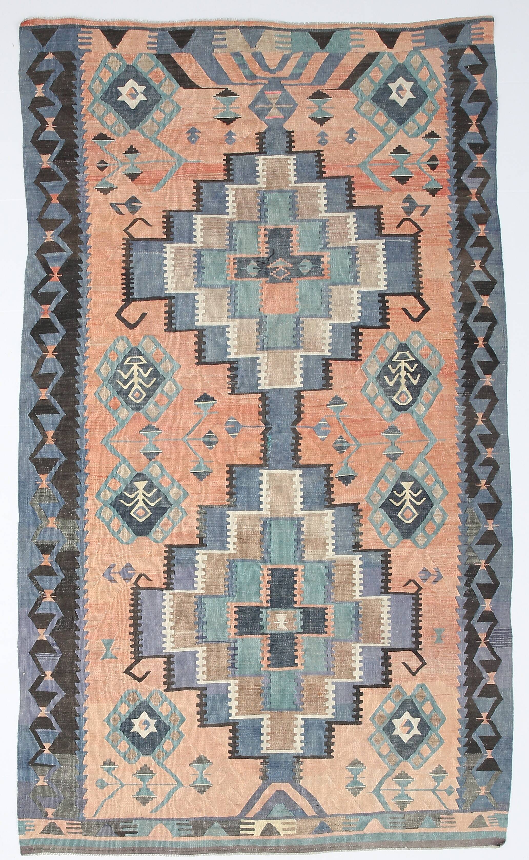 6x10 Peach & Navy Blue Turkish Kilim Rug, 168x296Cm