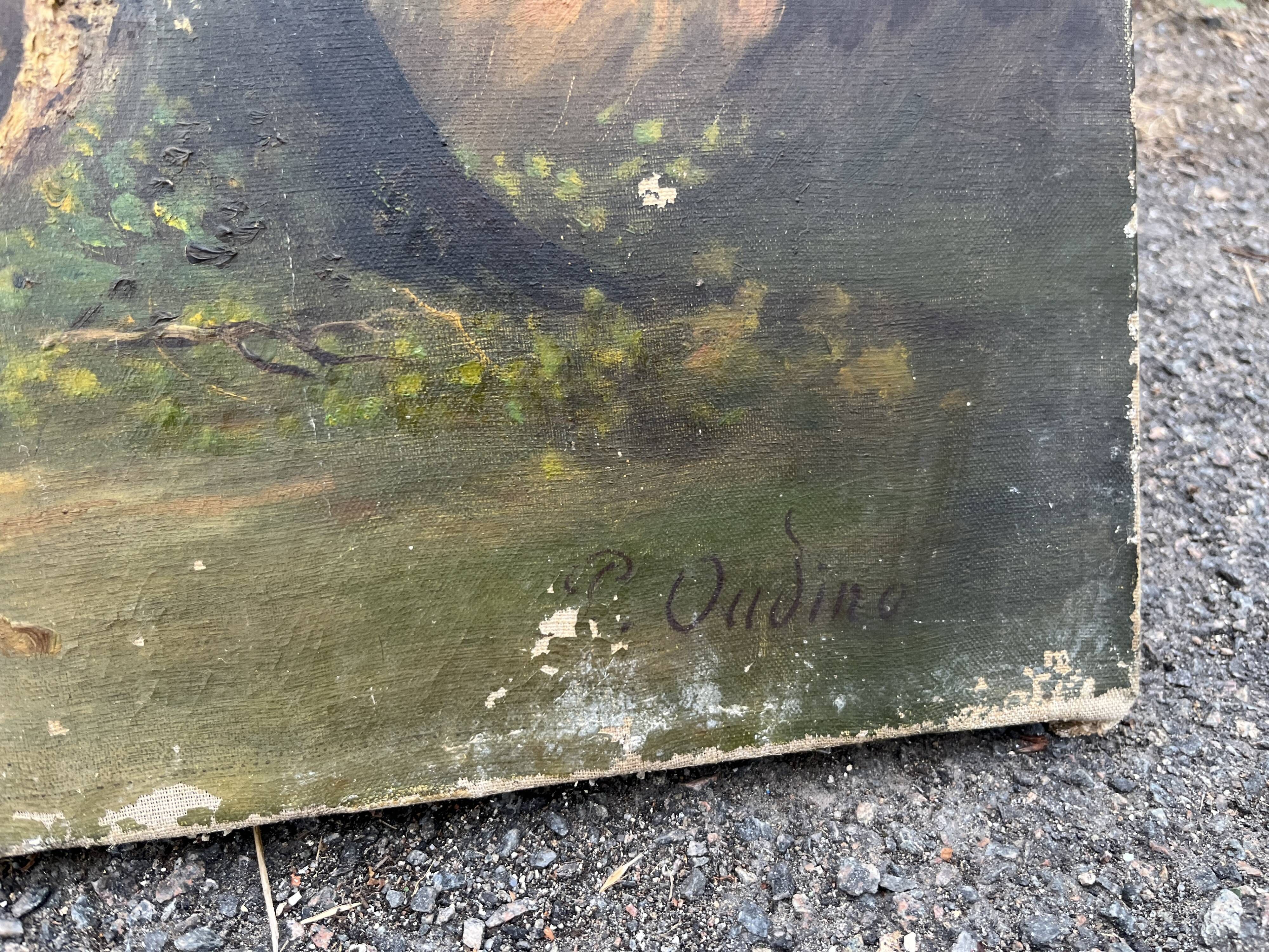 Antique painting 19th century – pastoral scene with shepherdess and sheep, signed P. Oudi