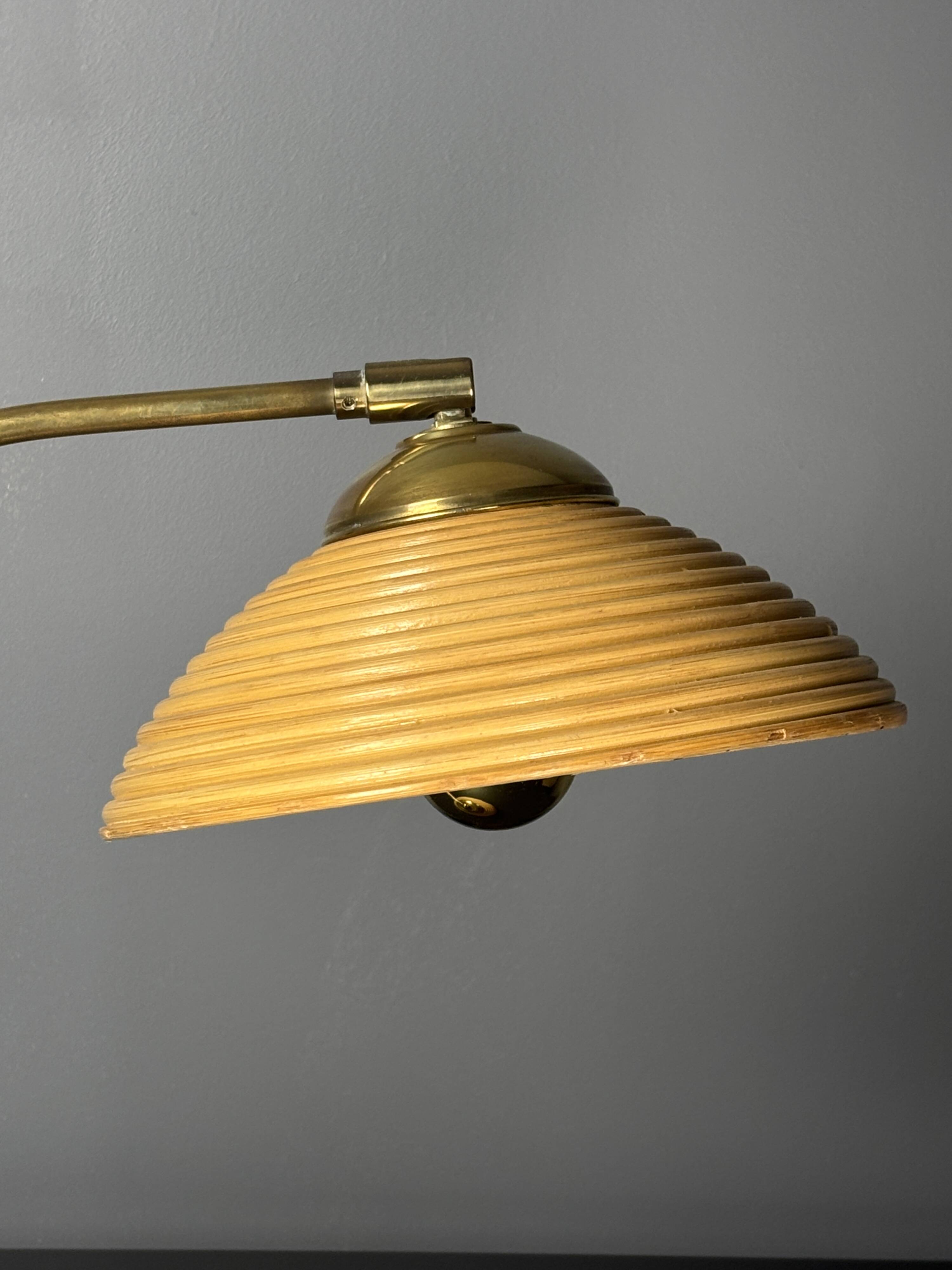 Midcentury pencil reed rattan bamboo and brass table lamp, Italy, 1970s