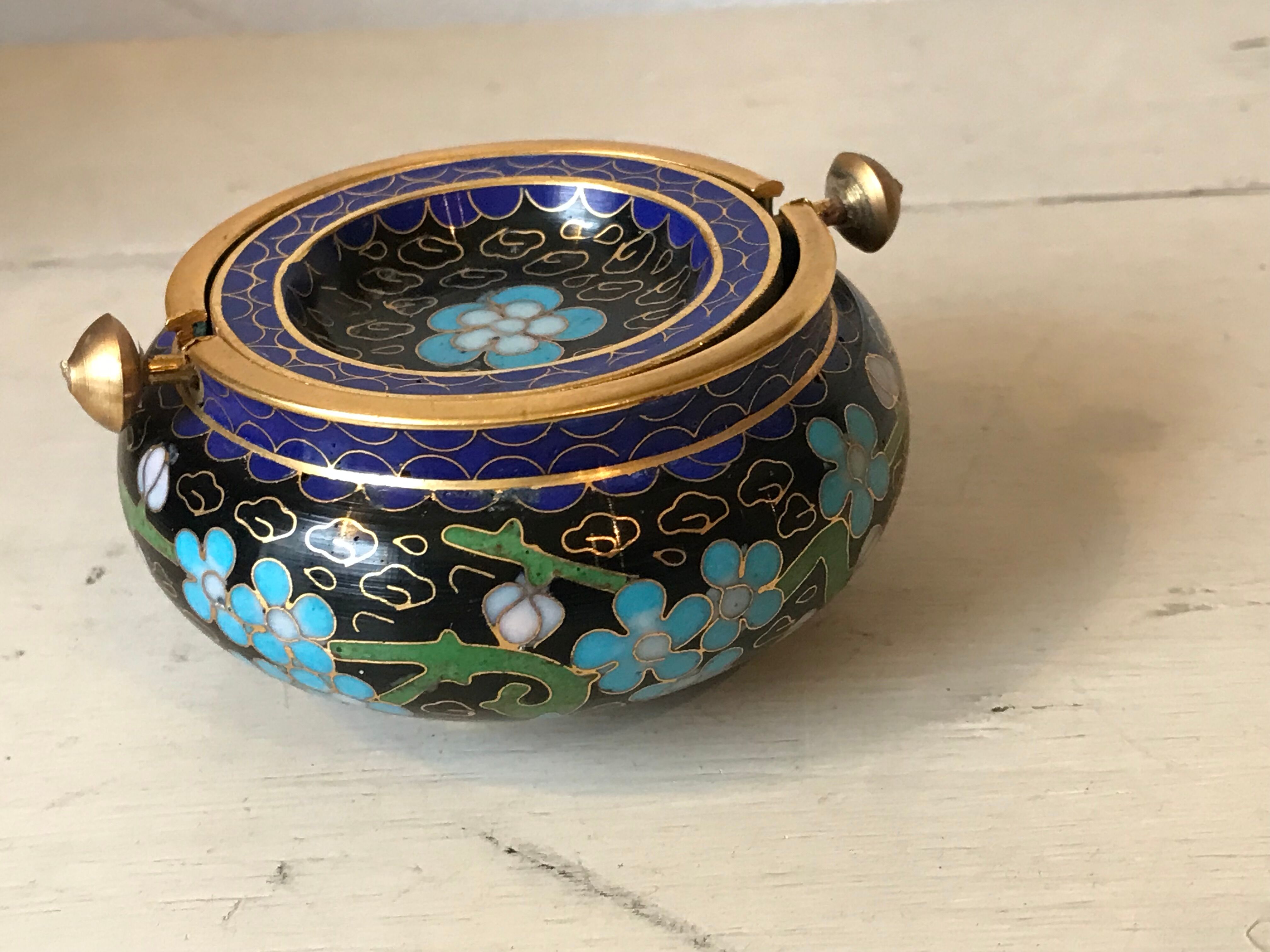Ashtray burns incense in bronze enamelled floral decoration forget-me-not tones blue and black
