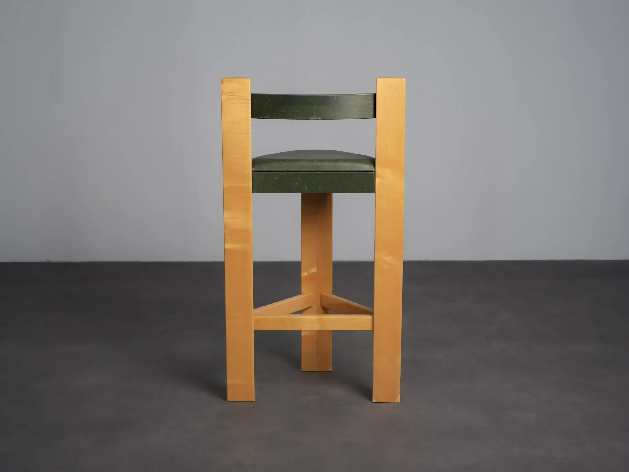Set of 3 architectural wood and leather bar stools, Netherlands, 1990s