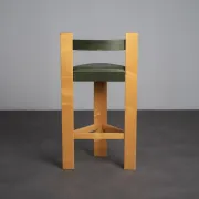 Set of 3 architectural wood and leather bar stools, Netherlands, 1990s