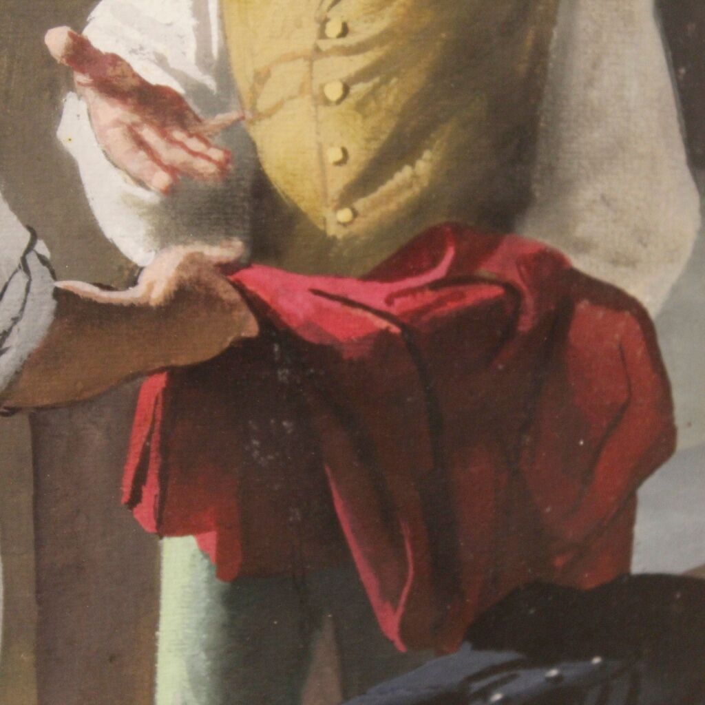 Italian painting interior scene with characters from XXth century