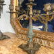 Set of 3 antique three-branch candelabras with cherubs and bronze patina.