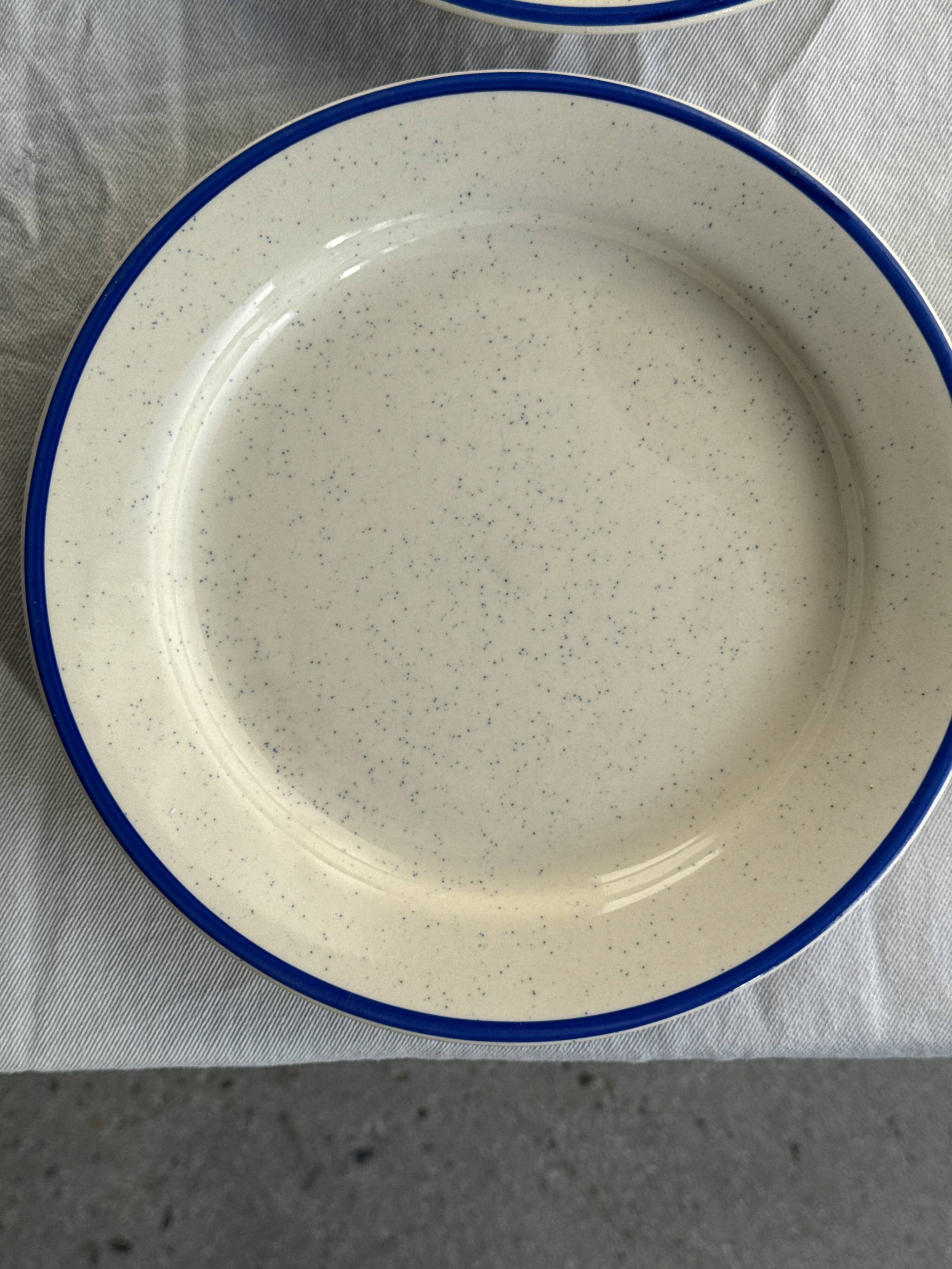 Set consisting of 6 beige flat plates with a blue rim + 3 deep plates.