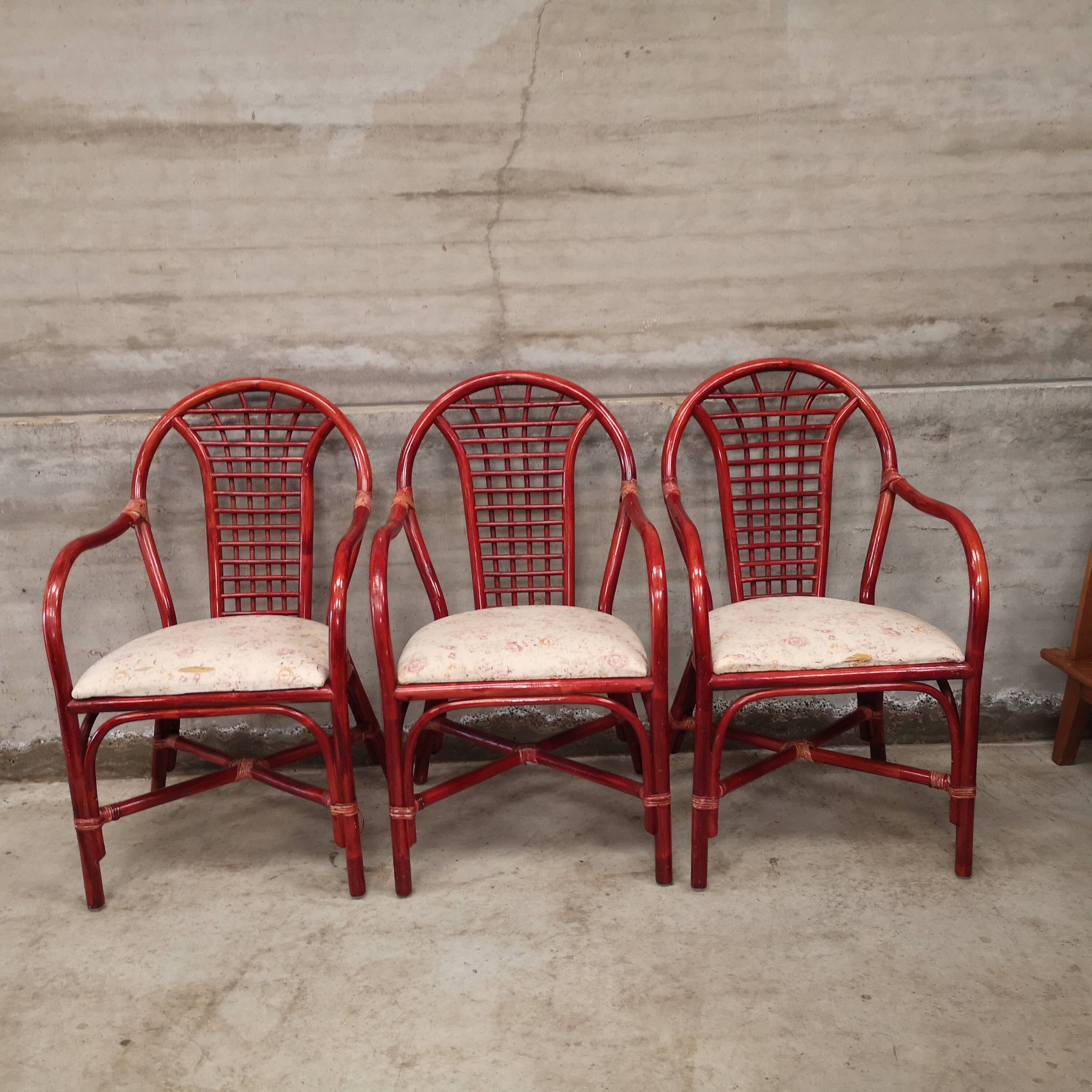 3 fauteuils chaises en rotin et osier assise en tissu vintage 1970 1980
