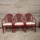 3 rattan and wicker armchairs with vintage fabric seats from 1970-1980