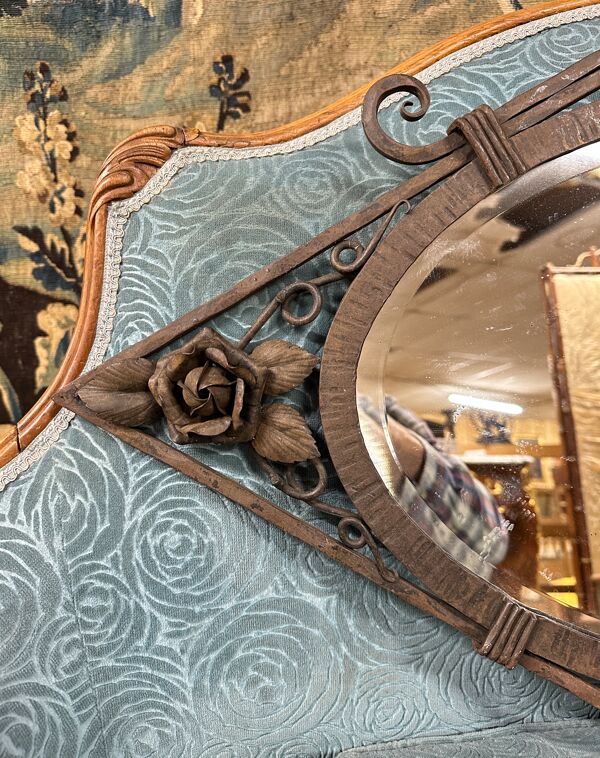 Miroir mural losange d’époque art deco en fer forgé, vers 1920